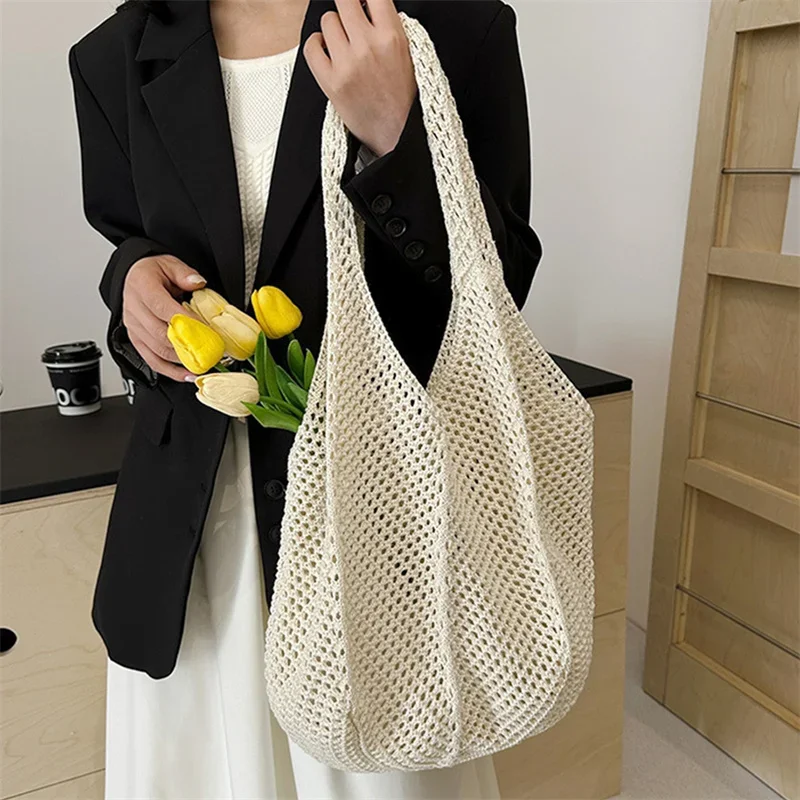 Women Crochet Tote Bag Mesh Beach Shoulder Bag Large Capacity Fashion Knitted Bag Simple Shopping Handbag for Travel Vacation