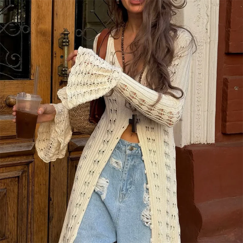 여성 섹시 긴팔 붕대 니트 드레스 속이 비치는 가디건 비치 크로셰 비키니 커버업 여름 수영복 여성 커버업