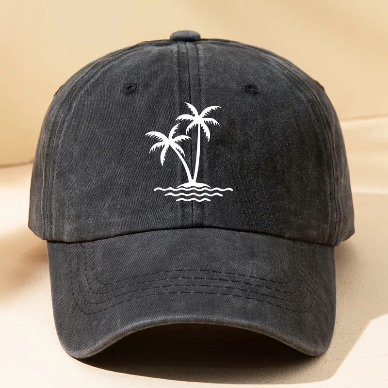 قبعة بيسبول نسائية مغسولة بطباعة شجرة جوز الهند، قبعة منقار البط بلون سادة، قبعة سائق قابلة للتعديل في الهواء الطلق