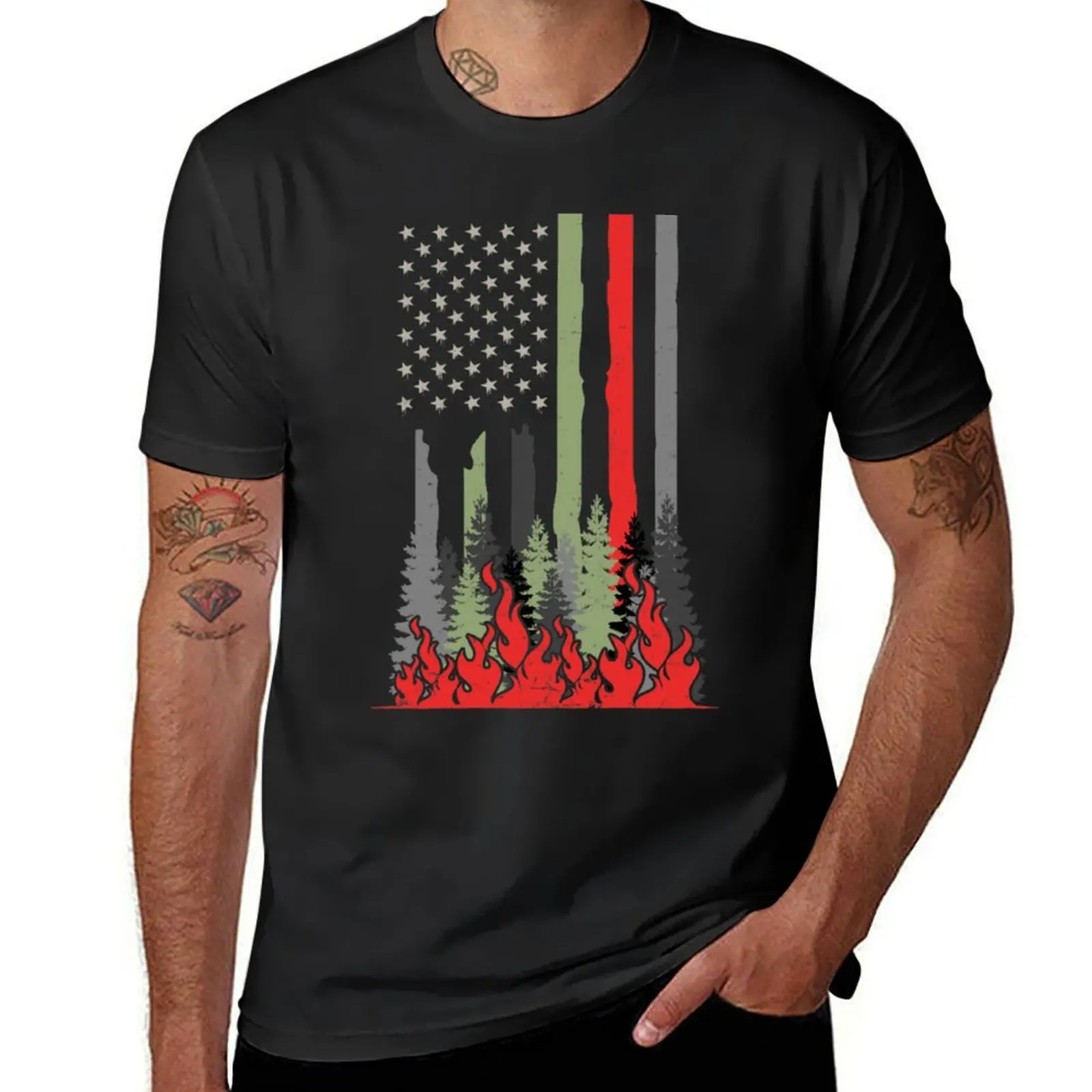 Wildland Firefighter Patriotic US American Flag Gift T-Shirt plus size tops kawaii clothes black t-shirts for men