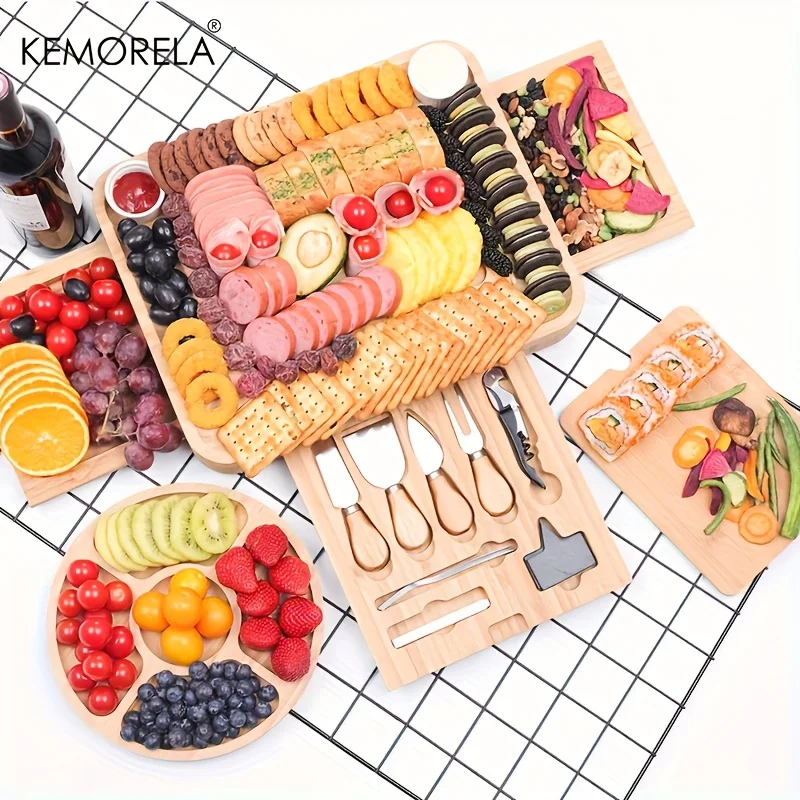 

Bamboo Charcuterie Board Set - Cheese Board with Chalkboard Marker Trays - Housewarming Wedding Bridal Shower Gift for Couples