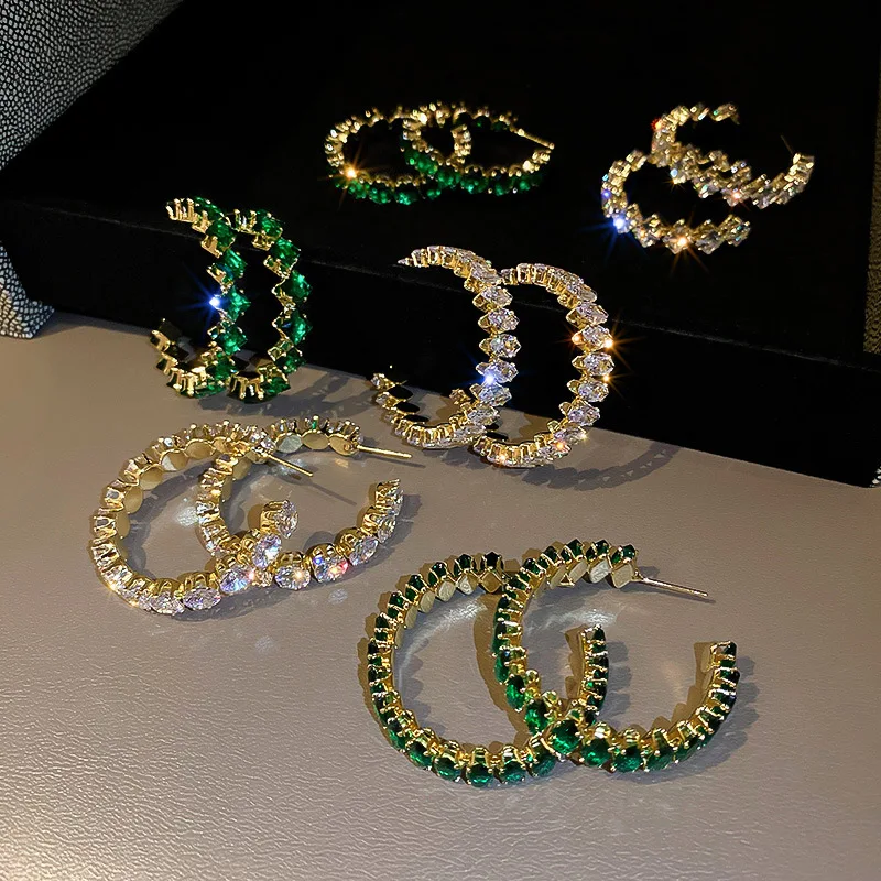 New Luxury High Quality Inlay CZ Hoop Earrings Round Green Zircon Crystal Earring for Women Engagement Party Statement Jewelry