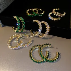 New Luxury High Quality Inlay CZ Hoop Earrings Round Green Zircon Crystal Earring for Women Engagement Party Statement Jewelry
