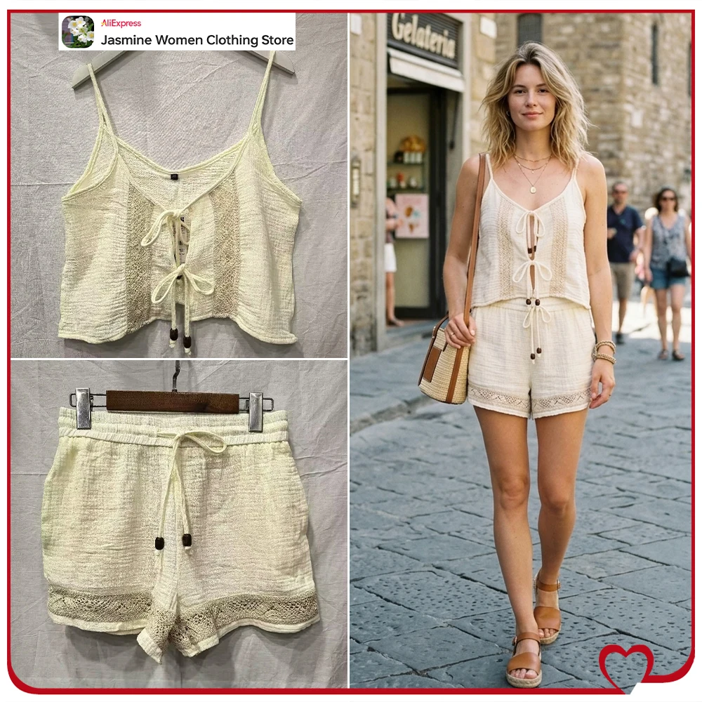 Summer Embroidered 2 Piece Sets for Women New Matching Sets Embroidered Tie Top and Elastic Waist Shorts with Beaded Drawstrings