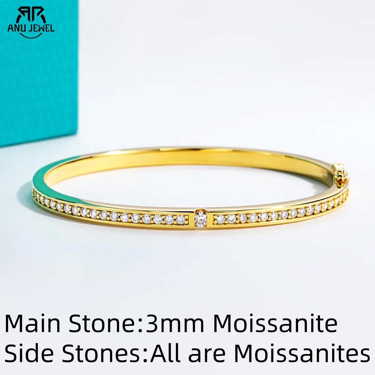 

AnuJewel 3mm D Color Moissanite Bangles Women's Bracelet 925 Sterling Silver 14K Yellow Gold Plated Fashionable Jewelry Gift