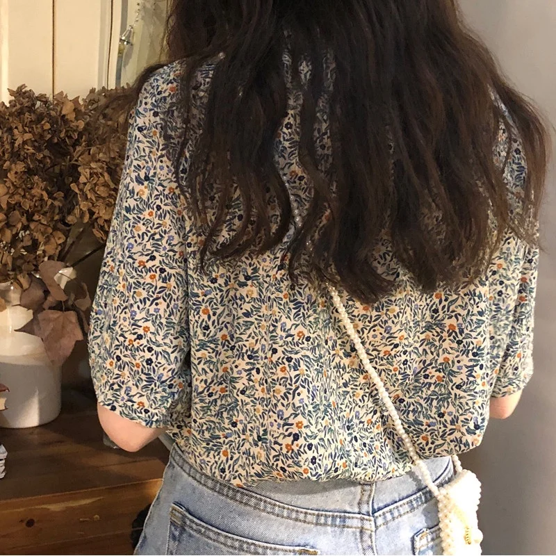 Damen Vintage Bluse mit Blumenmuster, Kurzarm, Lässiges Grünes Patchwork-Sommer-Oberteil – Detail 5