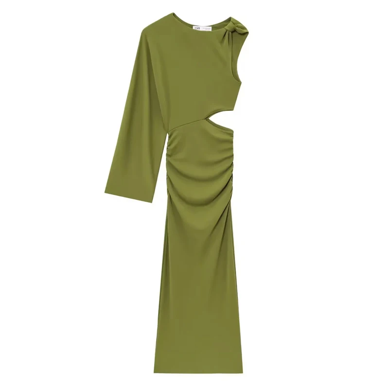 HXAO Green Midi Dresses 2025 Woman Summer Cut Out Party Dresses One Shoulder Long Sleeve Long Dress Women Sexy Prom Dress 088