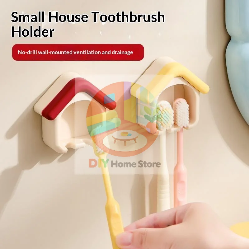 House Shaped Toothbrush Holder Punch Free Wall Mounted Holds 4 Toothbrushes Multifunctional Storage Rack for Bathroom