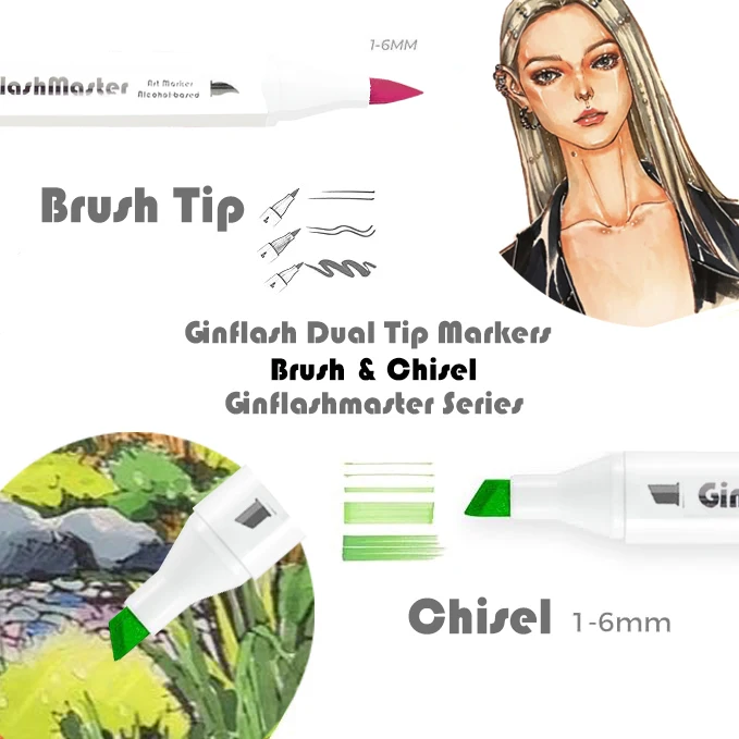 Ginflash Brush&Chisel Comic Art Markers Brush Pen Sketch Alcohol Based Markers Dual Head Manga Drawing Art Supplies