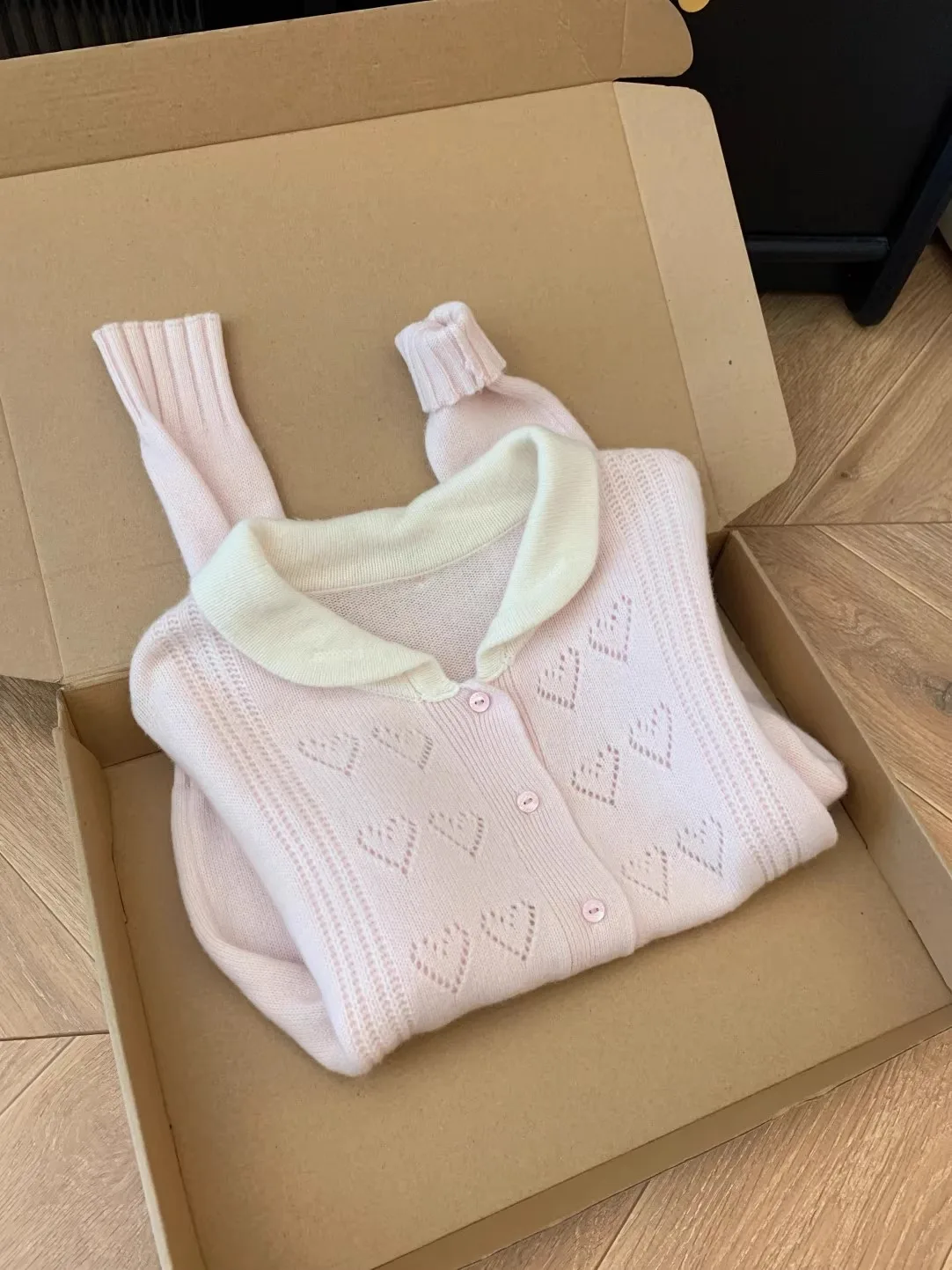 Pink Heart-shaped Crochet Sweater Women 2024 Autumn New Sweet Peter Pan Collar Knitted Top Korean Style Loose Long Sleeve Jacket