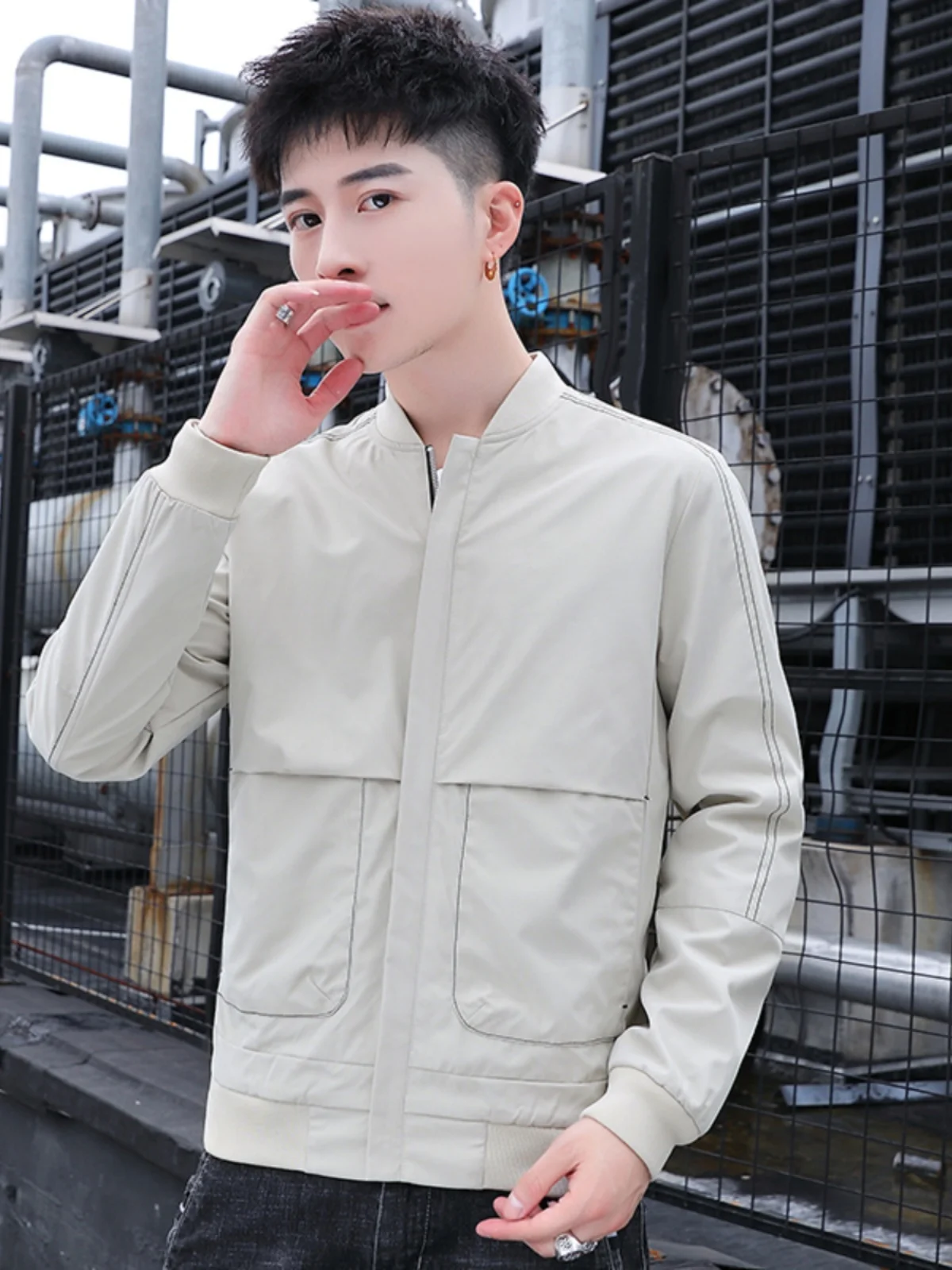 

American Sle Baseball Collar Jaet for Men Spring Autumn Trendy Loose Versatile Sports Coat Windproof Polyester Nylon C...