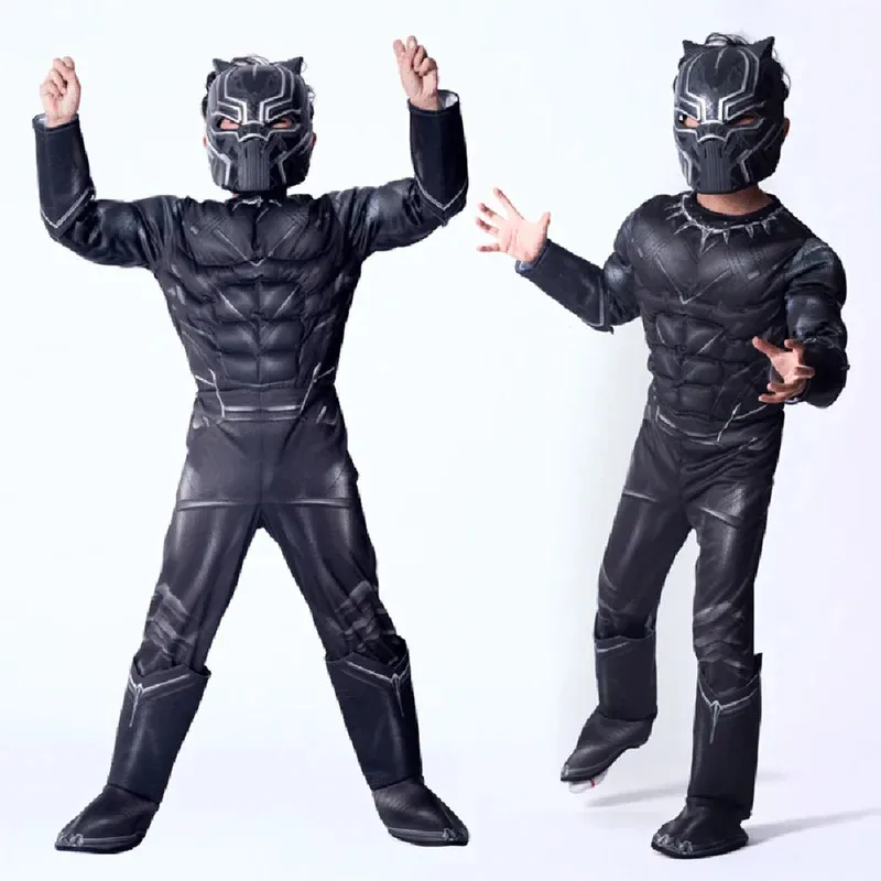 

Carnival Kids Muscle Black Panther Cosplay Costumes Attached Mask Boys Girls Party Fancy Dress No Boots