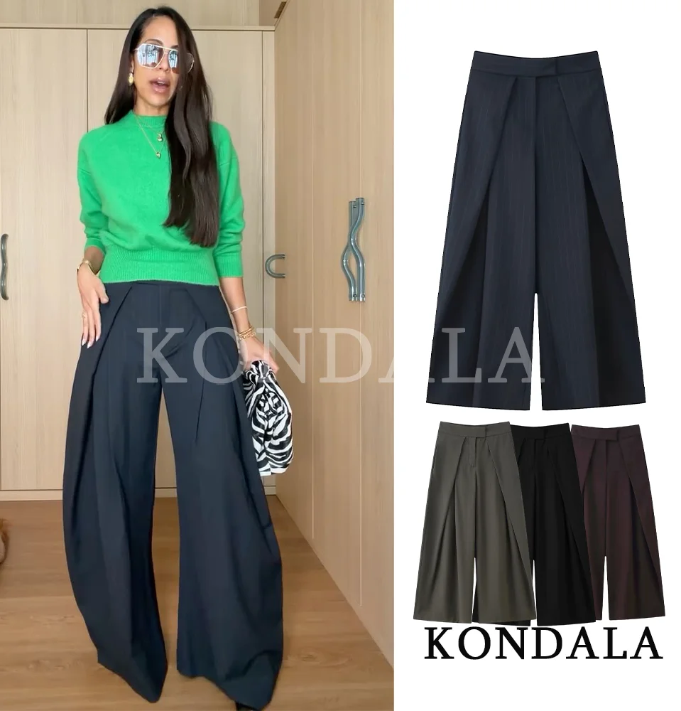 KONDALA Pendolarismo Casual Pantaloni a gamba larga Donna Elegante Chic Pantaloni a pieghe a righe 2026 Pantaloni alla moda di High Street moda primaverile