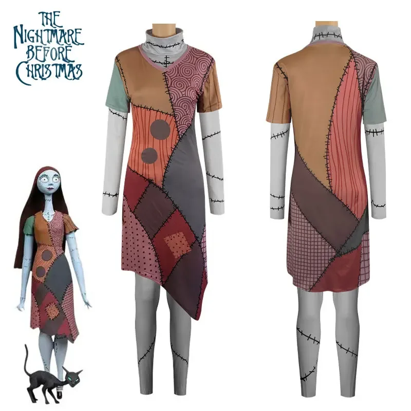 Disfraz de Sally de Halloween para mujer, disfraz de película de pesadilla antes de Navidad, traje de Jack Skelington, uniforme, novedad de 2023