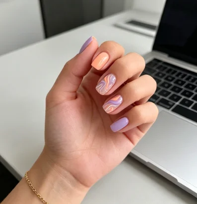 Medium Square Lavender Peach Marble Swirl Press On Nails Solid Pastel Purple Orange Accent Glossy Fake Nails Minimalist Office Daily Manicure Decor