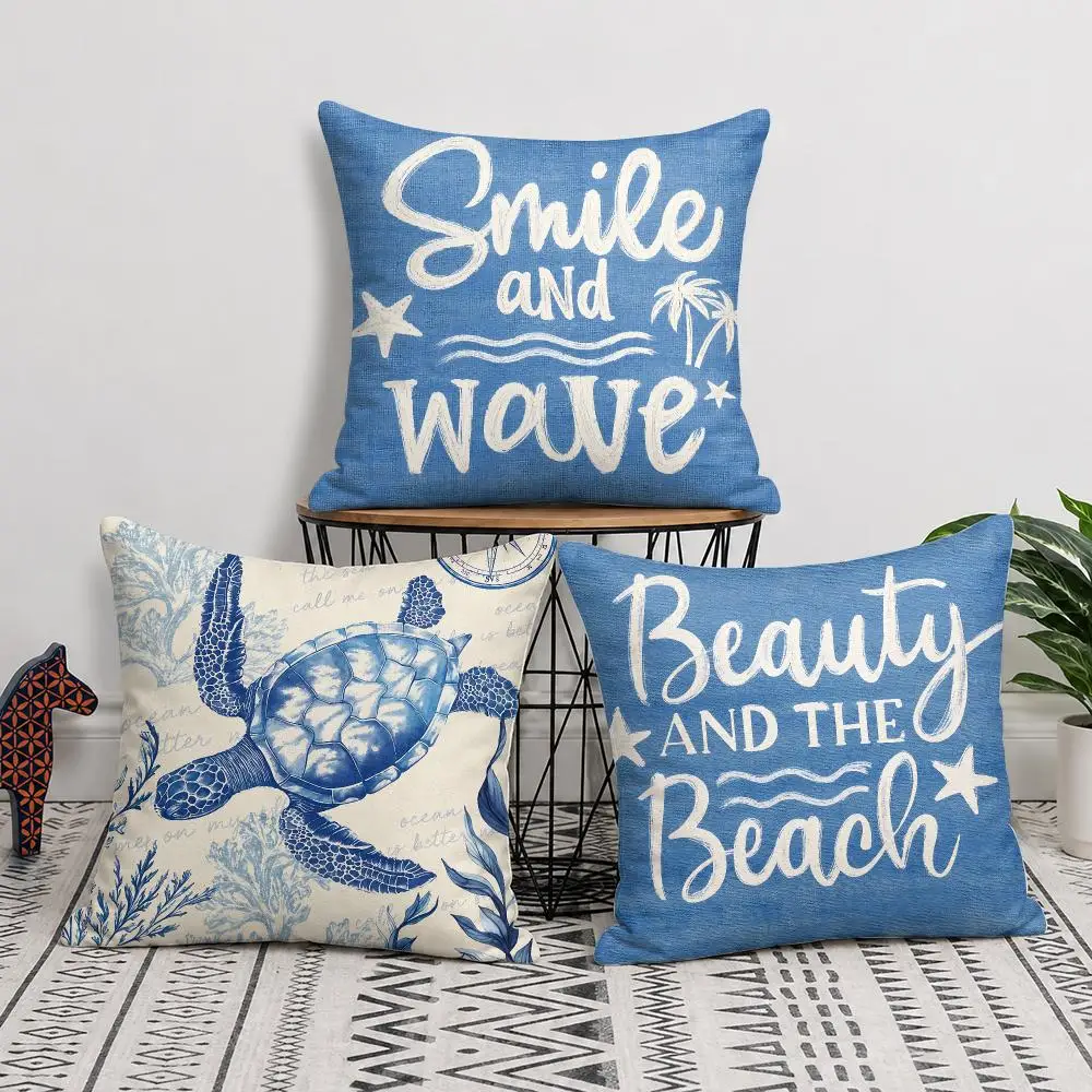 Vintage Blue Ocean Pattern Cushion Cover Soft Short Plush Pillow Cover Smooth Cozy Texture Cushion Case Home Decor