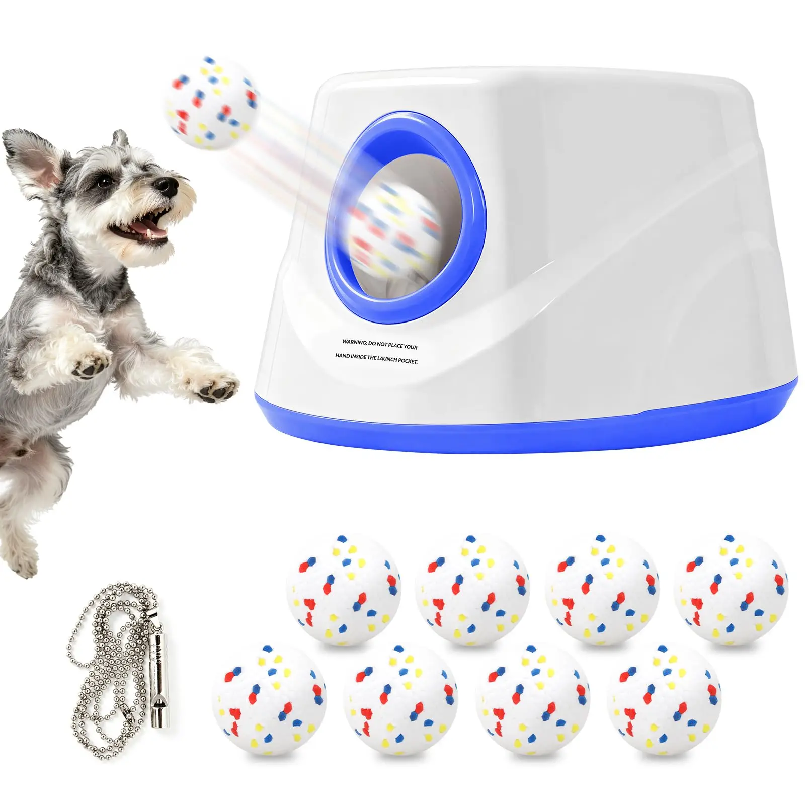 Lanciatore automatico di palline per cani, con 3 distanze regolabili (20/33/46 piedi), dotato di 8 palline resistenti in E-TPU da 2,5 pollici e di un fischietto per cani. Macchina interattiva per