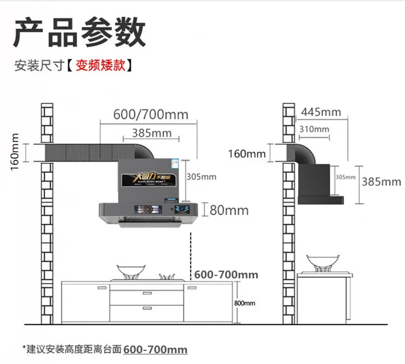 600/700/900Mm Length and Width Automatic Cleaning Small Size Range Hood
