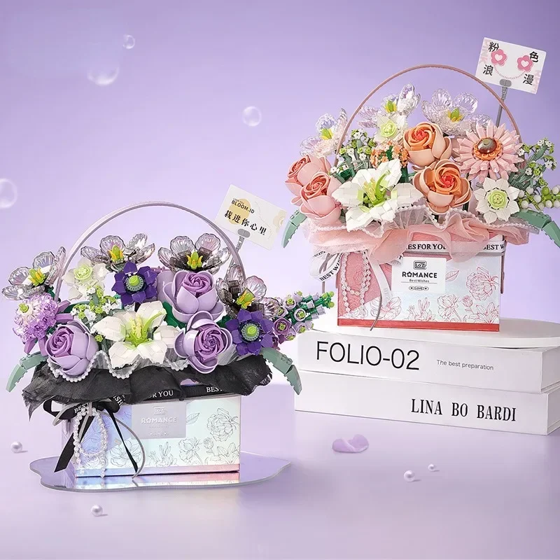 Creative Pink Rose Basket Bouquet Building Blocks for Girls Assembled Preserved Fresh Flower Teacher\'s Day Gift