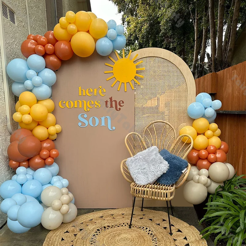 

120pcs Gender Reveal Balloon Set Here Comes The Son Party Decoration Lemon Yellow and Aqua Blue Balloon Arch for Birthday Decor