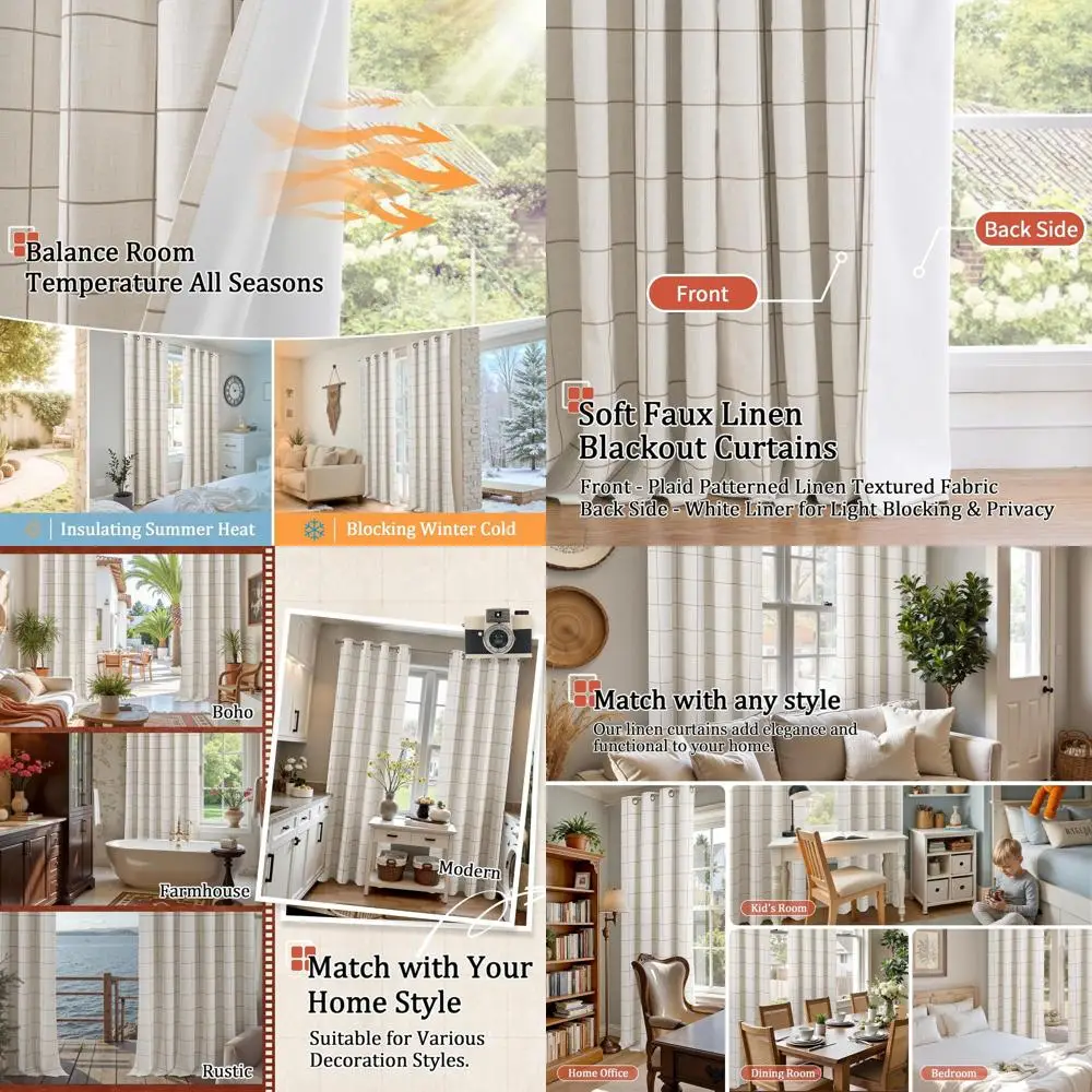 Cortinas blackout de linho de 90 polegadas com padrão xadrez Boho para sala de estar, cortinas com ilhós de 2 painéis de 52 x 90 polegadas