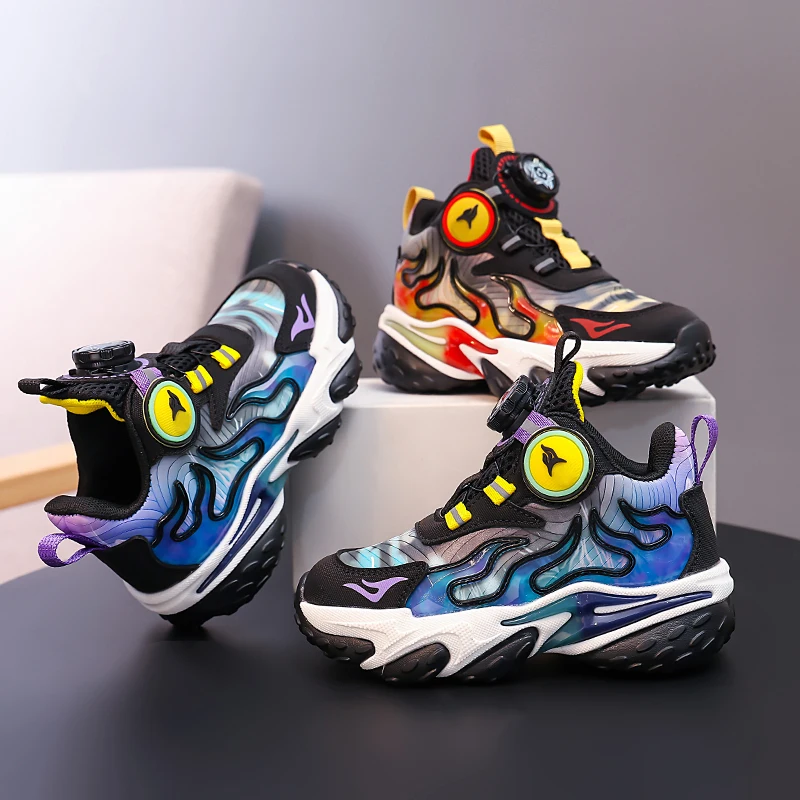 

Boys Sports Shoes Rotating Button Handsome Kids Sneakers Thick Soft Sole 2025 Autumn New Children Running Shoes Mesh Breathable