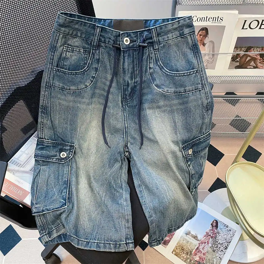 

American Retro Multi Pocket Denim Shorts Summer High Waist Drawstring Loose Seven Inch knee Length Jeans Straight Wide Leg Pants