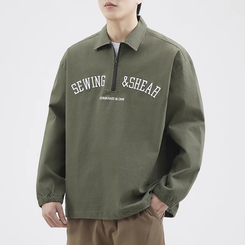 Camiseta de Algodão com Corte Solto para Homens, Manga Longa, Gola Semiaberta, Camisa Casual Estampada, Estilo Japonês, Roupa...