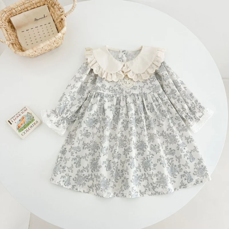 

Girls' Forest Style Floral Dress, New Spring and Autumn Fashionable Children's Dress with Lace Doll Collar, Baby Cotton Long Dre