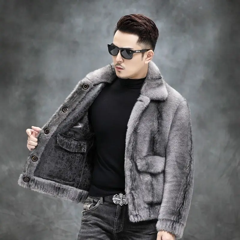 Winter New Men Mink Coat Male Double-Sided Wear Fashion Solid Color Short Fur Striped Outwear Thickened Warm Casual Outcoat