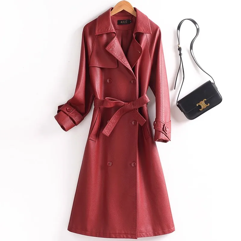 New Women Spring Autumn Split Leather Trench Fashion Turn-down Collar Double Breasted Slim Waist With Belt Leather Coat Female