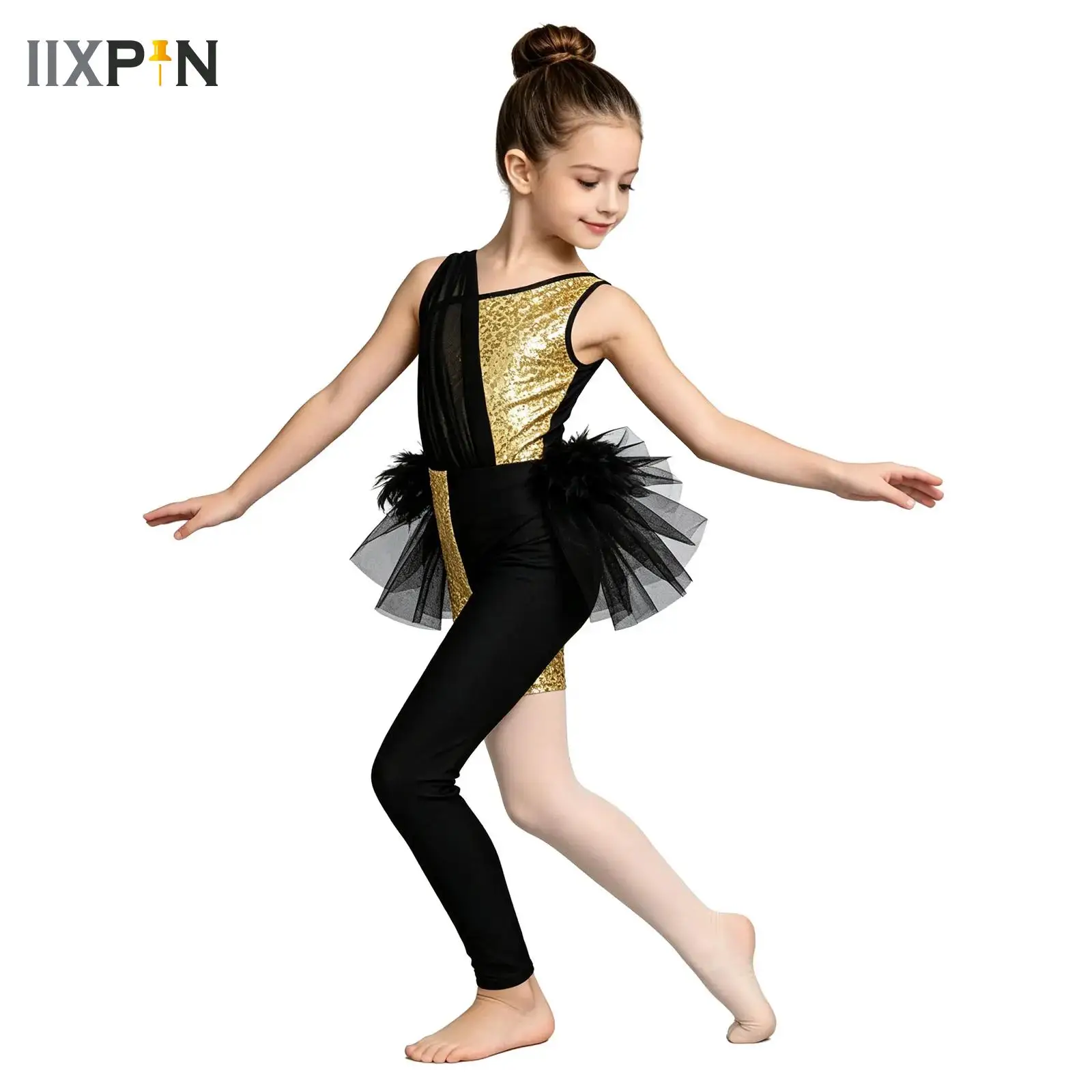 

Kids Girls Ballet Rhythmic Gymnastics Jersey Dance Costume Shiny Sequin Feather Tulle Skirted Bodysuit Leotard Jumpsuit Unitards