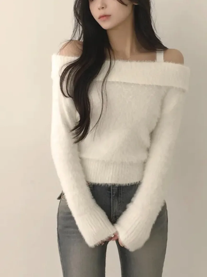

Корейский свободный вязаный свитер с длинными рукавами и открытым плечом, имитация норки, на одно плечо, повседневный, модный