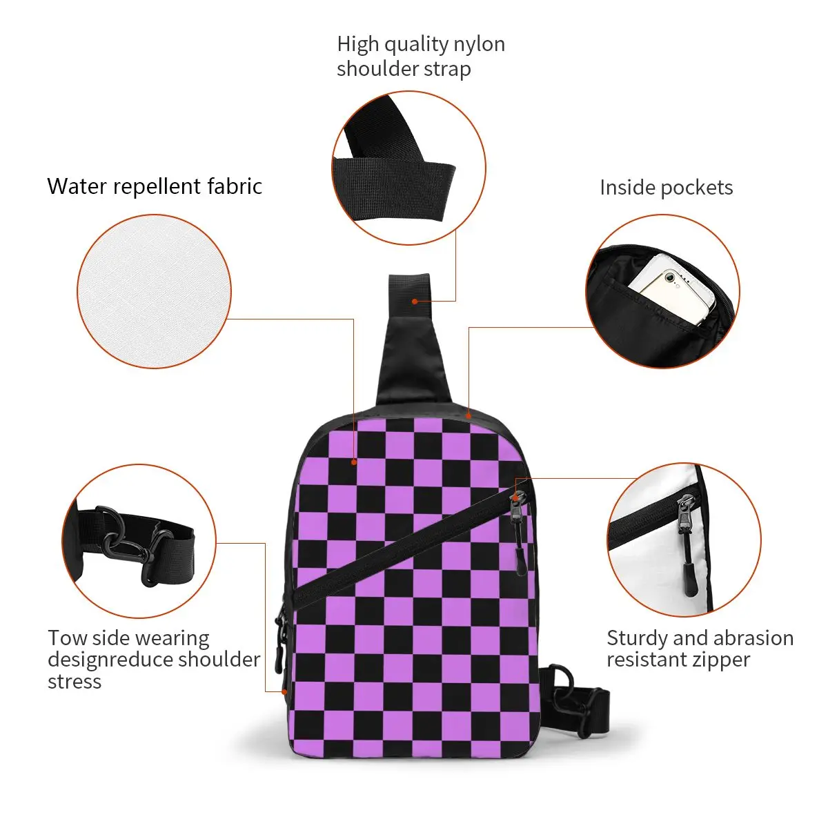 Custom Checkerboard Geometric Plaid Sling Bags Hiking Men's Purple And Black Checkered Chest Crossbody Backpack Shoulder Daypack