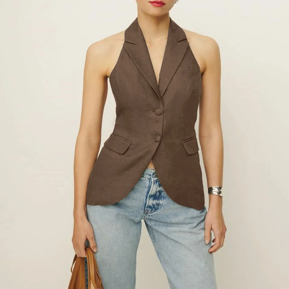 Women's Vest Linen Hanging Neck Notched Lapel Slimming Brown Summer Sleeveless Solid Color Vests Top жилетка женская