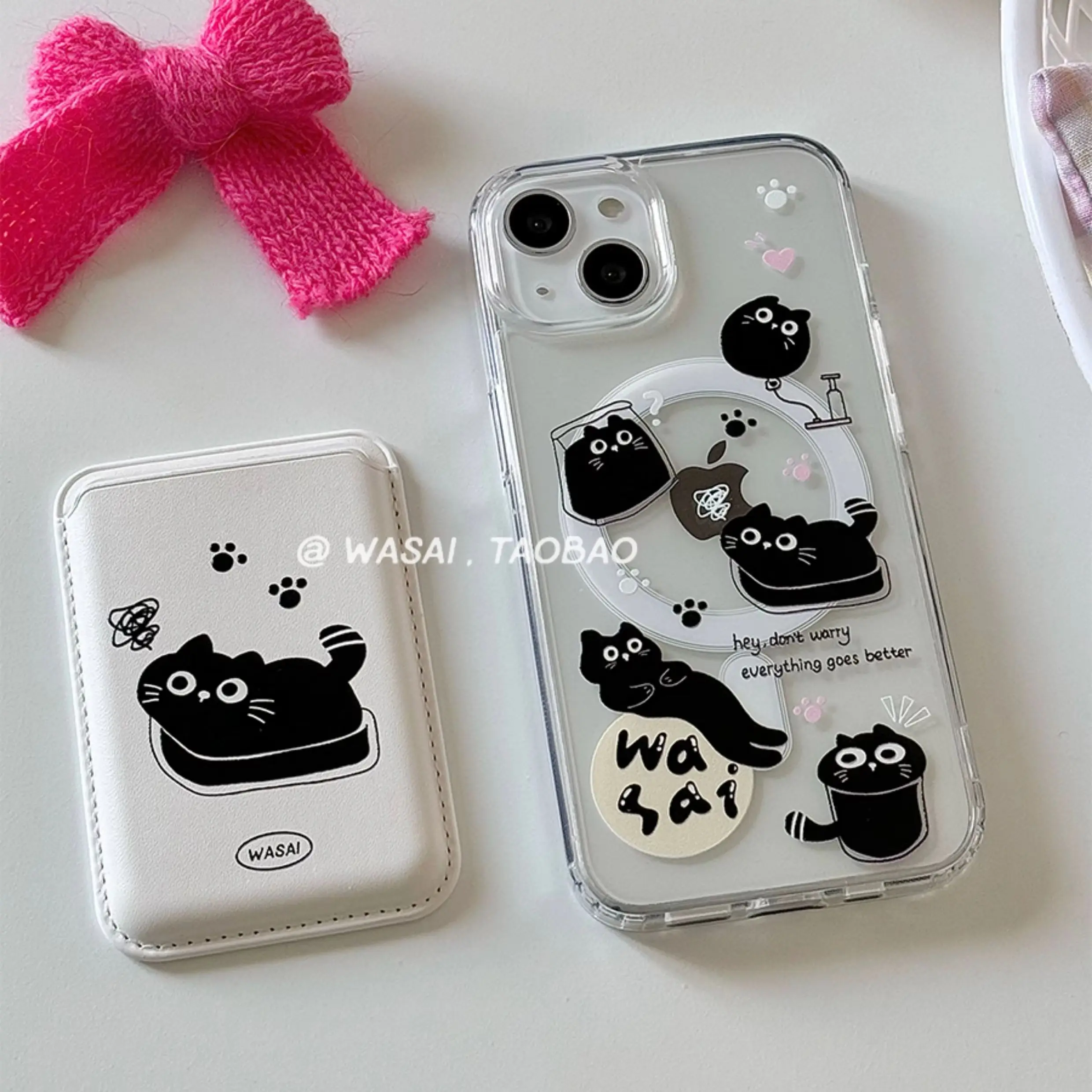 Korean Cute Troubled Little Black Cat MagSafe Phone Case For iPhone 16 15 14 13 12 11 Pro Max Plus MINI Y2K Cartoon Lucky Cover