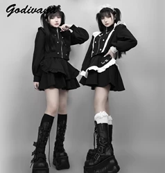 Harajuku Punk Japanese Mine Girl Female Goth Zipper Double-breasted Short Jacket Coat and Skirt Two Piece Set Autumn Outfits