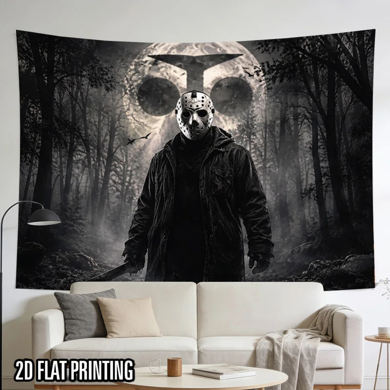 Scary Hockey Mask Killer Tapestry, Dark Forest Horror Wall Hanging, Gothic Halloween Decor, Cool Room Decor for Men Dorm