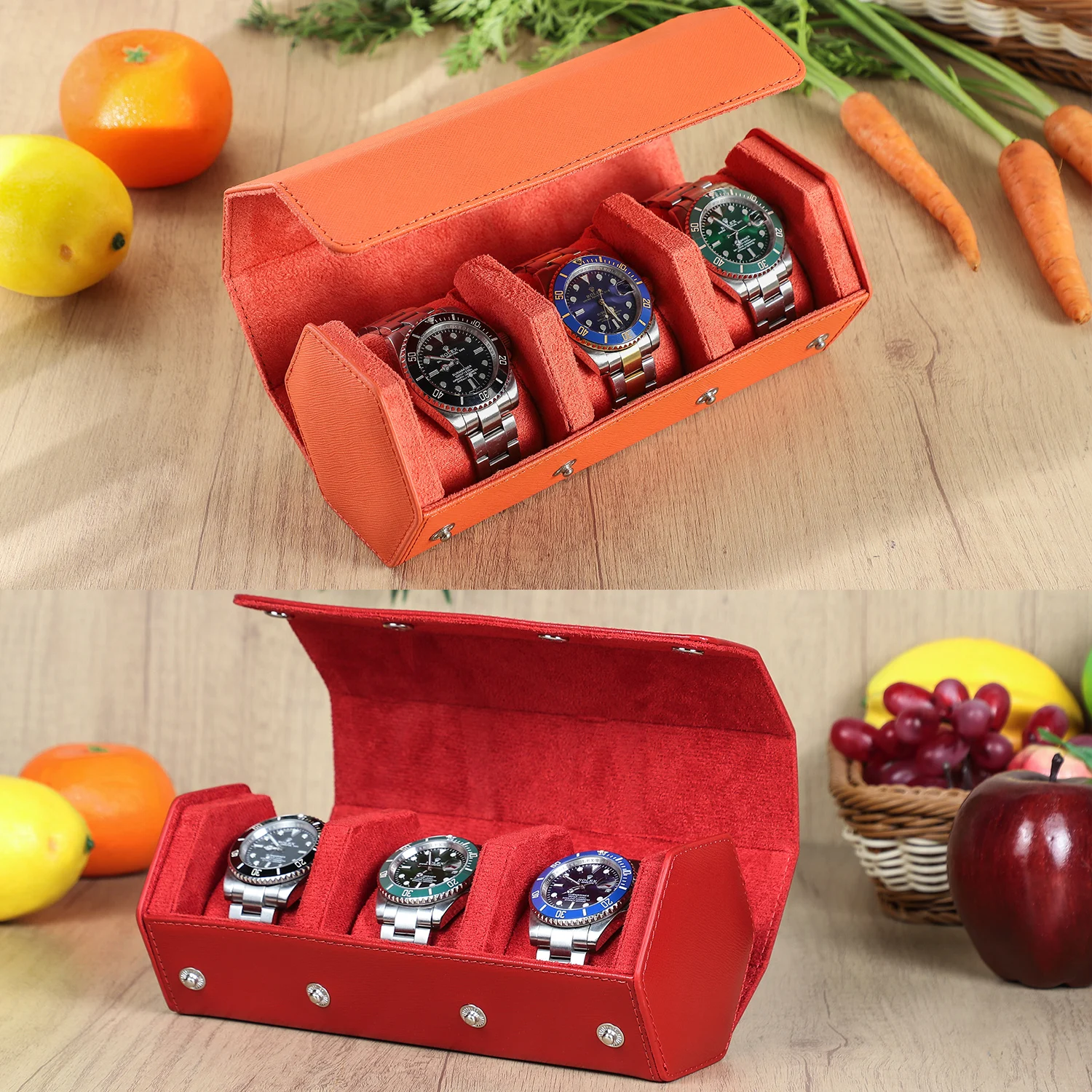 

Hexagonal Leather Watch Case with Sliding Pillow Handmade Luxury Travel Storage Box New Color CFG1012 Protective Feature