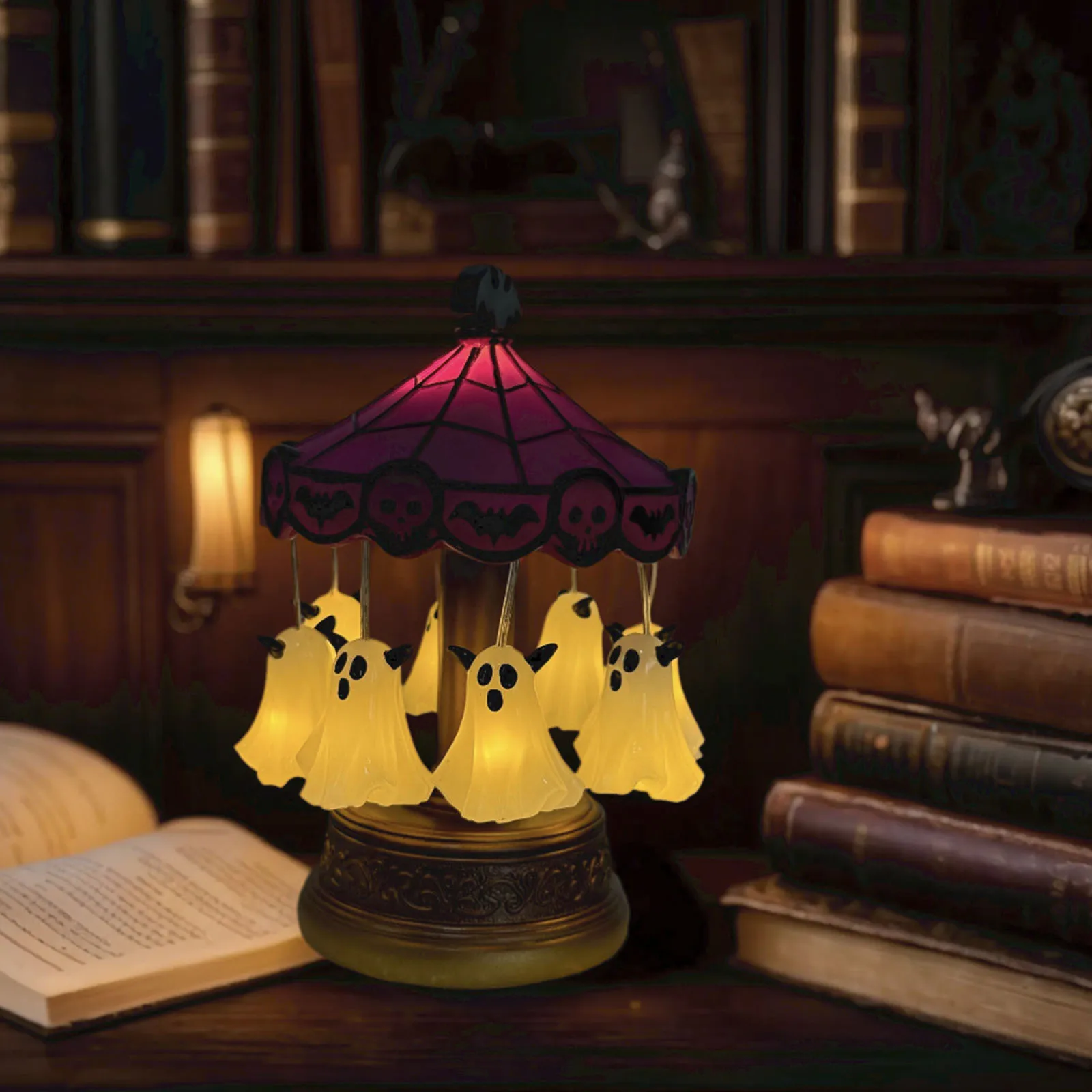 for Bedroom Home Kitchen Mantel Tabletop Ghost Carousel Night Light Purple Stained Glass Desk Reading Lamp Spooky Reading Light