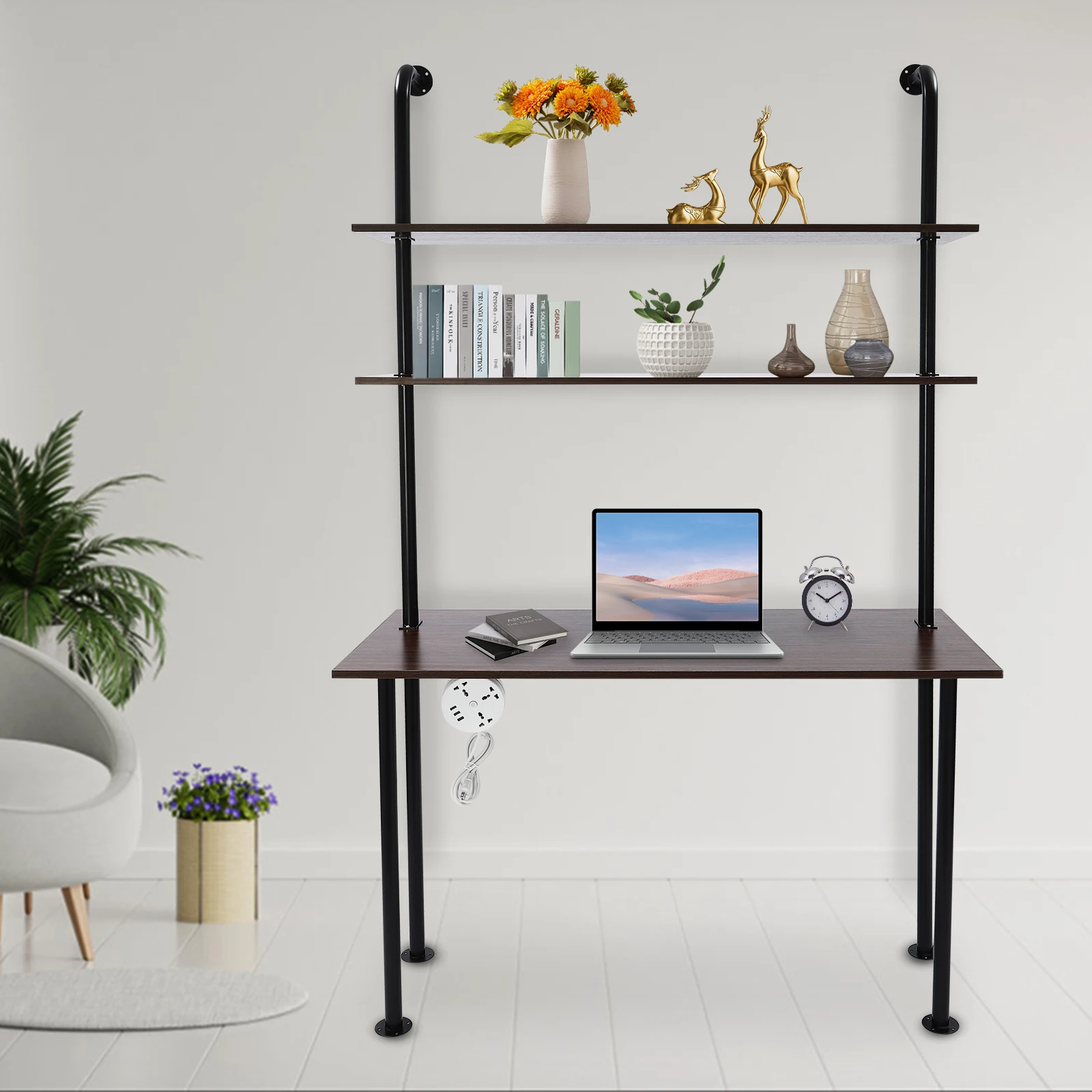 3 Tier Wall Mounted Desk Floating Shelves Organizer for Home Office Space Saving Computer Writing Table Workstation