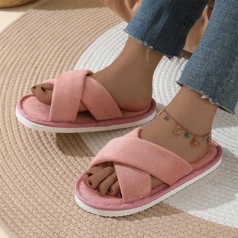 

Модные замшевые тапочки с перекрестной лентой, домашние тапочки с открытым носком, женские весенне-зимние теплые плюшевые шлепанцы для пары, тапочки на мягкой подошве для спальни