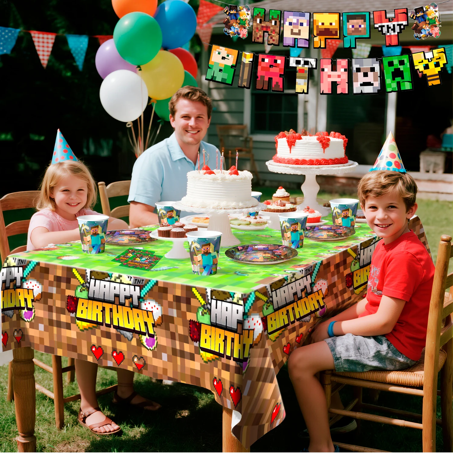 114 قطعة لعبة بكسل زينة حفلة عيد ميلاد أدوات المائدة-بكسل نمط ألعاب راية لوحات المناديل الخ مينر موضوع لوازم الحفلات #5