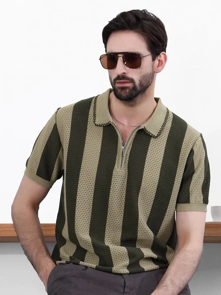 Vintage Mens Colors Mixed Striped Summer Knitted T Shirts Zip Lapel Collar Short Sleeve Business Casual Work Tops Pullover Tees
