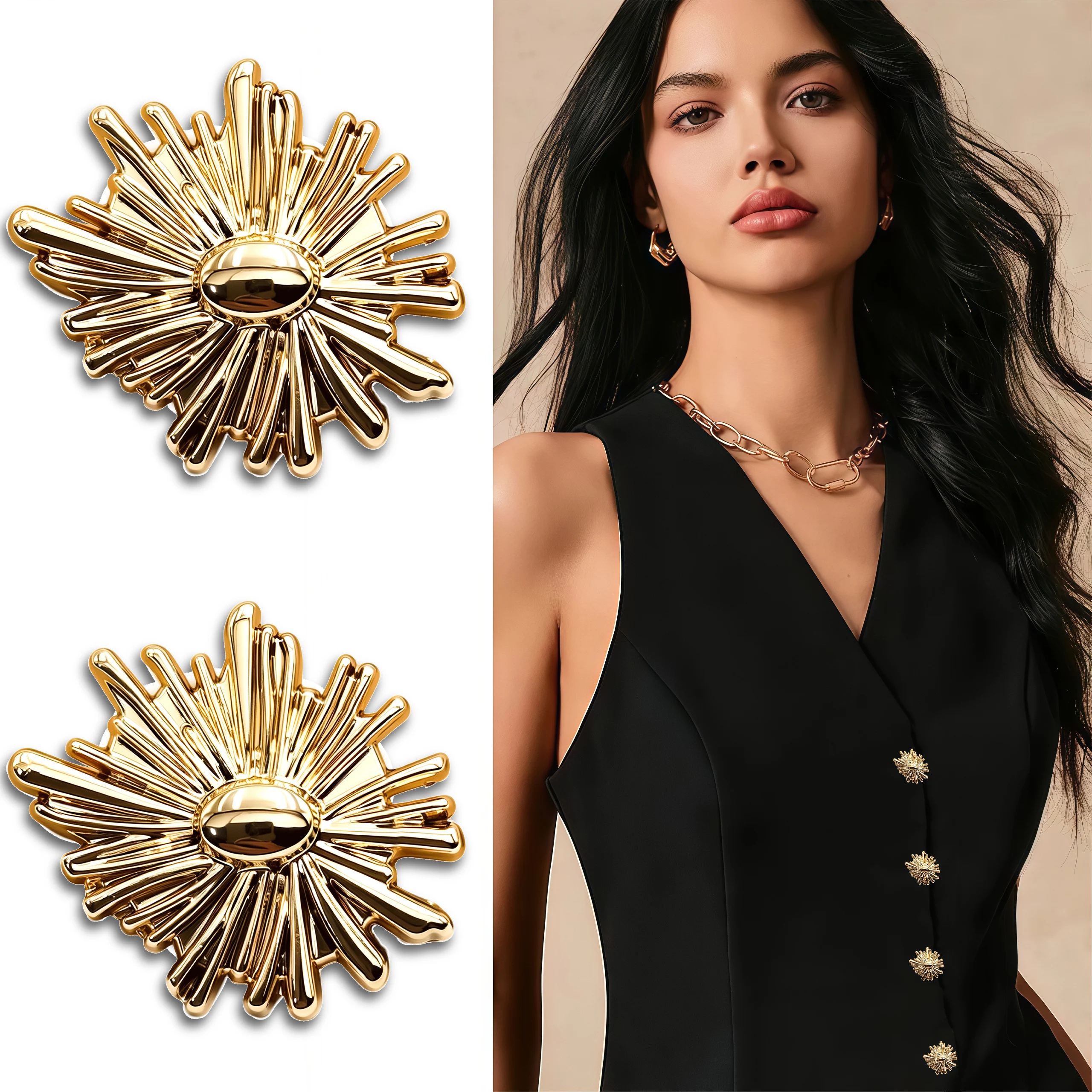 10pcs 18/20/23mm Golden Sunburst Flower Metal Buttons, Oval Center Sewing, Garment Replacement Buttons for  Sweaters, Jackets