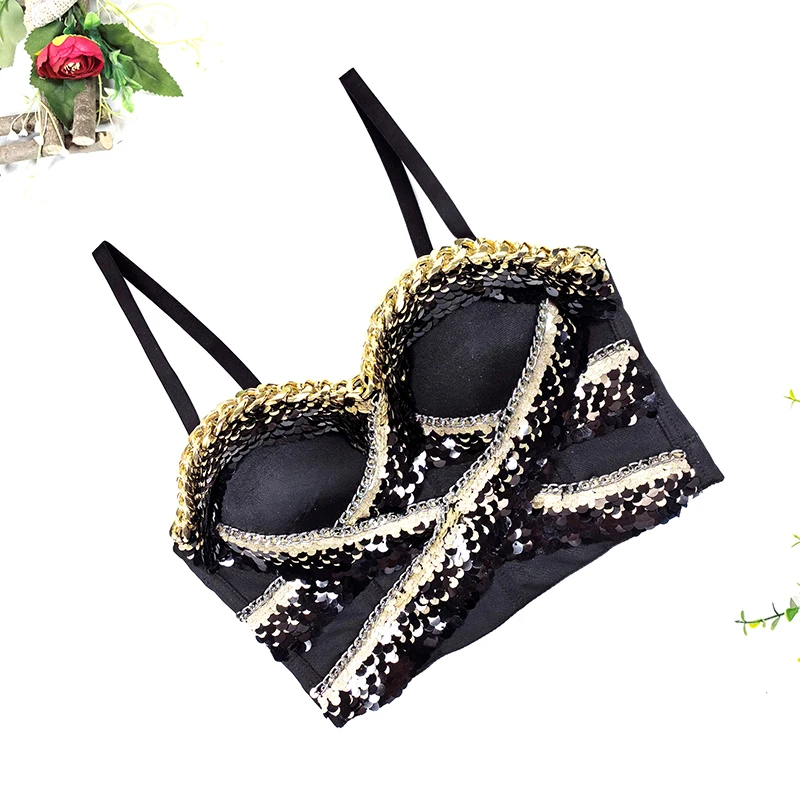 IRENE TINNIE Black Sequins Female Corset Top Women Crop Top Push Up Tube Bra Nightclub Pearl Short Chest Binder Sexy Camisole