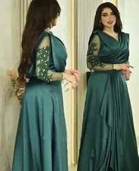 Vestido de noite feminino verde escuro cetim linha A, decote V, manga comprida, aplique plissado, renda, elegante, Dubai, árabe, vestidos Porm