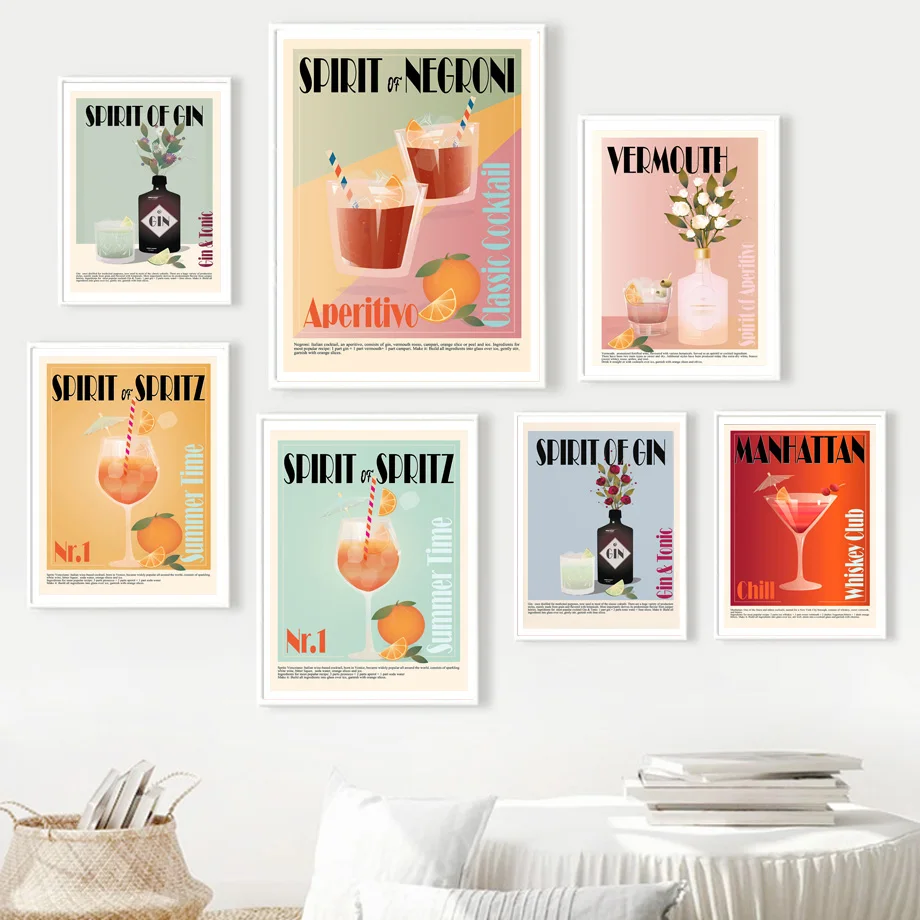 Aperol Spritz Gin Negroni Vermouth Cocktail Wall Art Canvas Painting Nordic Posters Prints Wall Pictures For Kitchen Bar Decor