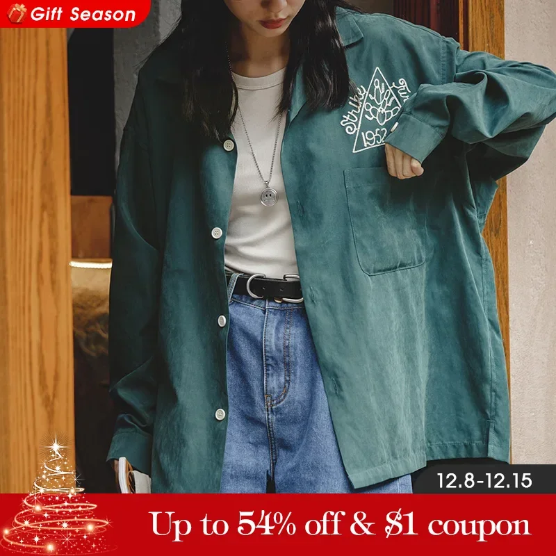 Maden Women\'s Vintage Dark Green Bowling Shirt Peach Skin Velvet Embroidery Loose Lapel Blouses Luxury Casual Oversized Shirts