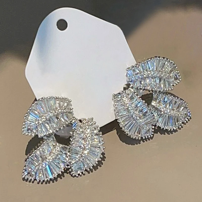 Huitan Gorgeous Leaf Pierced Earrings Female Silver Color Bright Zirconia Jewelry for Engagement Party Fashion Chic Accessories